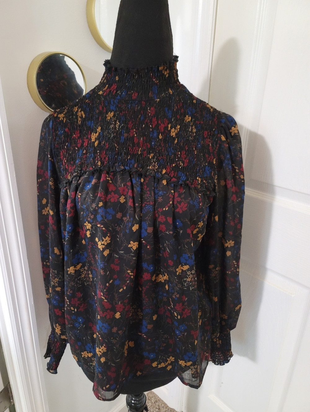 Laundry Smocked High-Neck Floral Blouse - Black with Red, Blue & Mustard Flowers